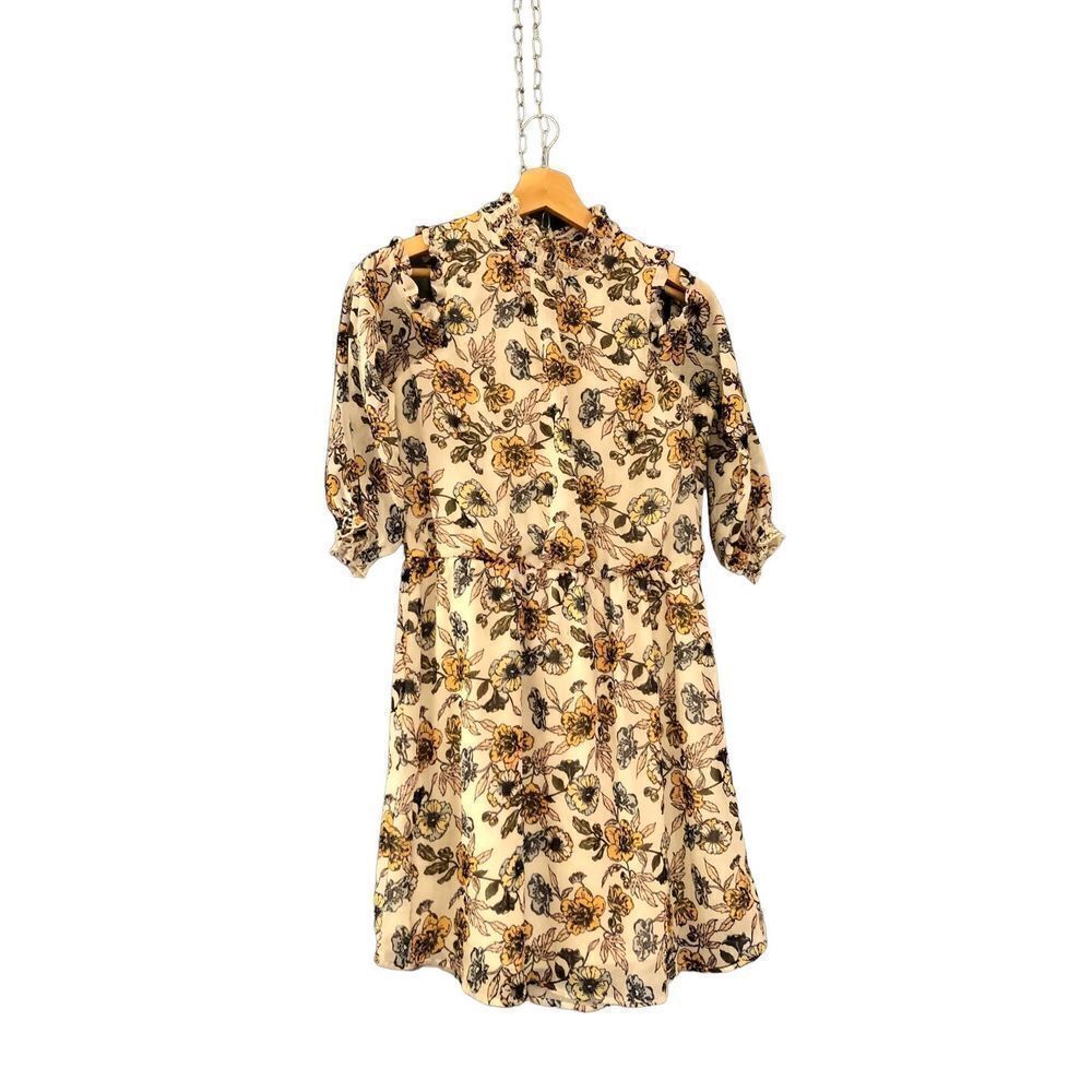 Cold Shoulder Sheer Lined Floral Dress w Keyhole Peekaboo, Puffy Sleeves